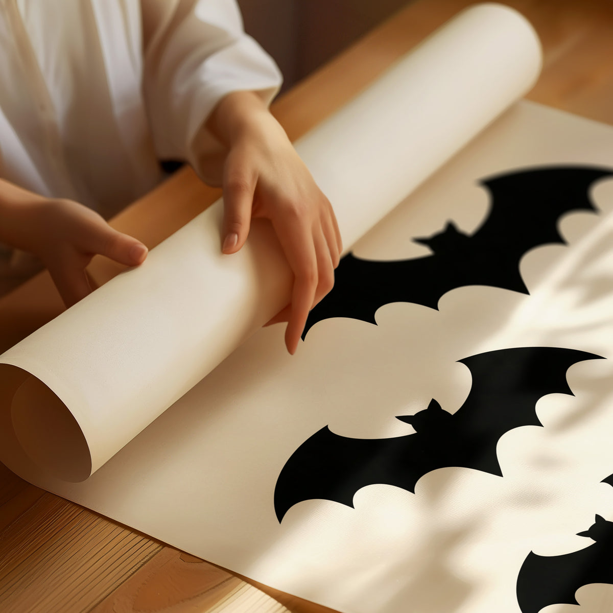 Evening Flight in Silhouette, a loose flock of black bat silhouettes spread across a cream ground in a simple, flat graphic arrangement, as a matte poster, unframed