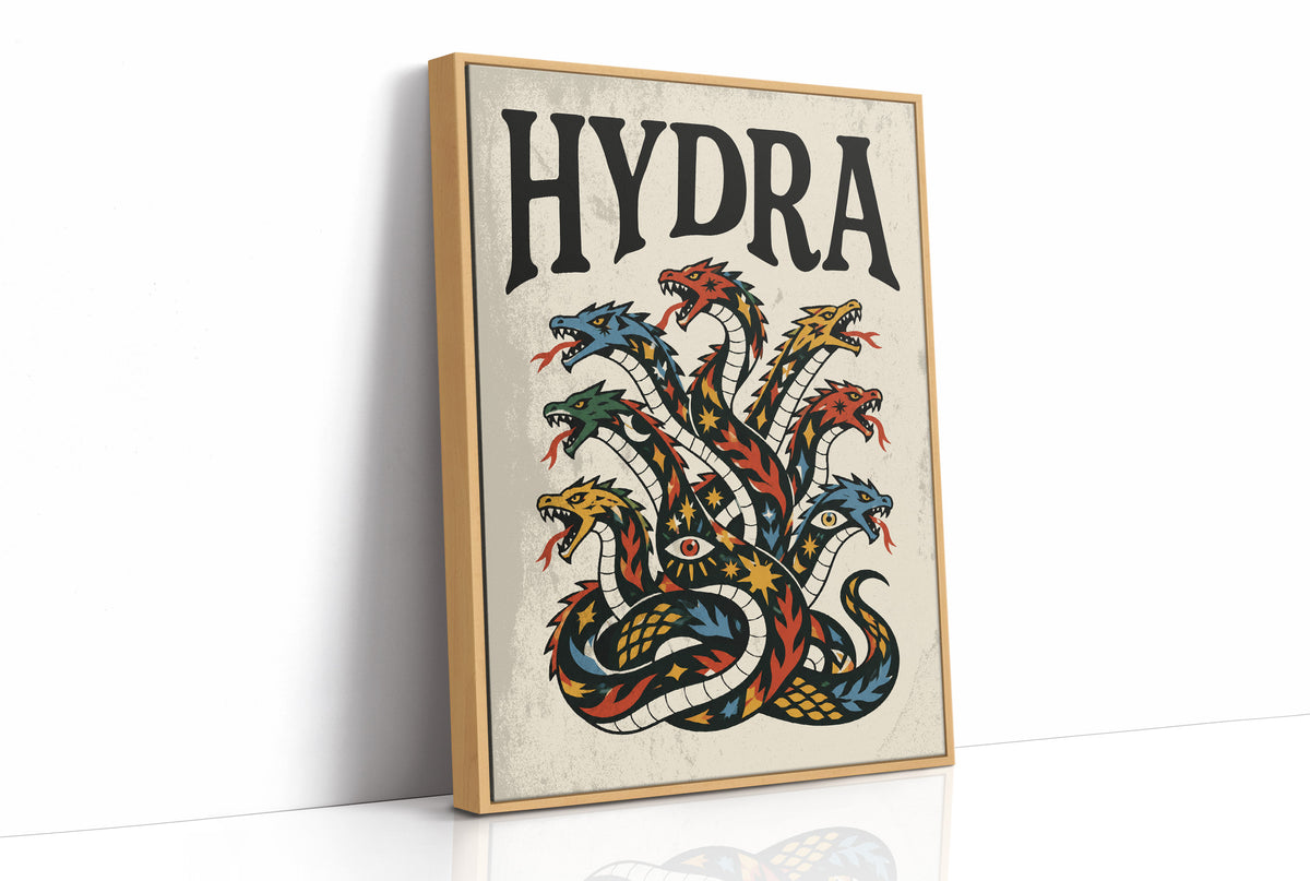 Every Head Grows Back Bolder, a many headed serpent with blue, red and gold scales rising in fans of heads, in a bold flash sheet style with a black lettered name across the top on a cream ground, as a framed canvas in a natural wood frame