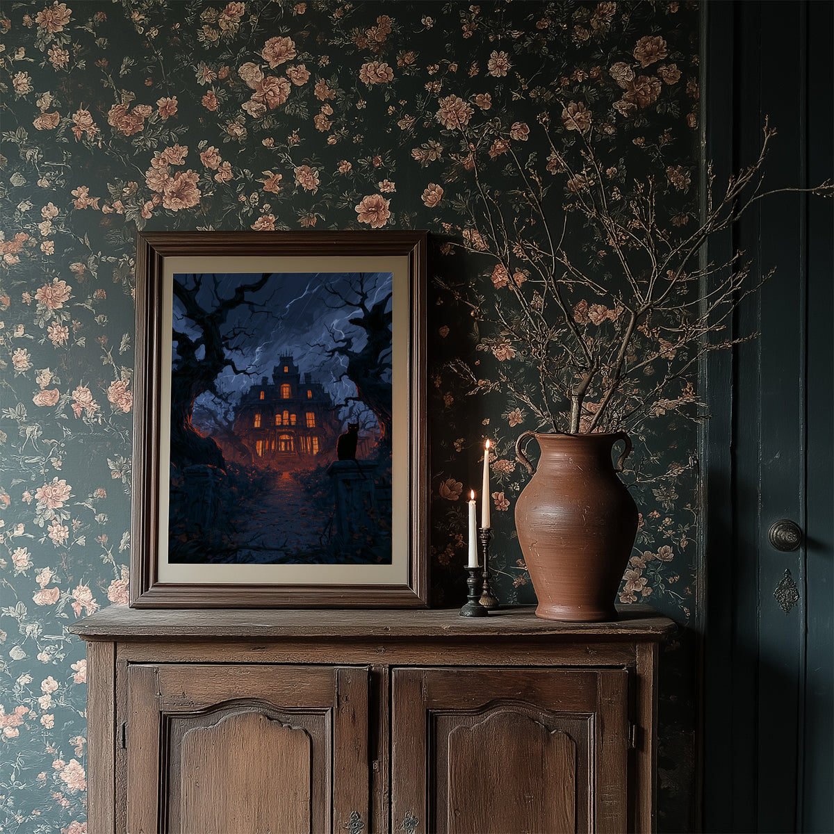 Every Window Left Burning, old manor with every window glowing under a stormy blue sky painting, in a dark frame on a wooden dresser against floral wallpaper