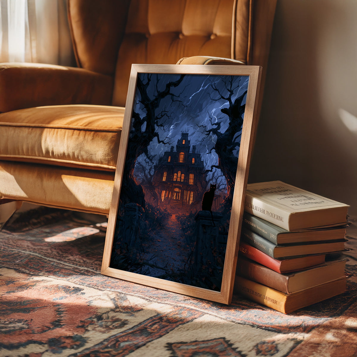 Every Window Left Burning, old manor with every window glowing under a stormy blue sky painting, in a wood frame beside a leather armchair and a stack of books