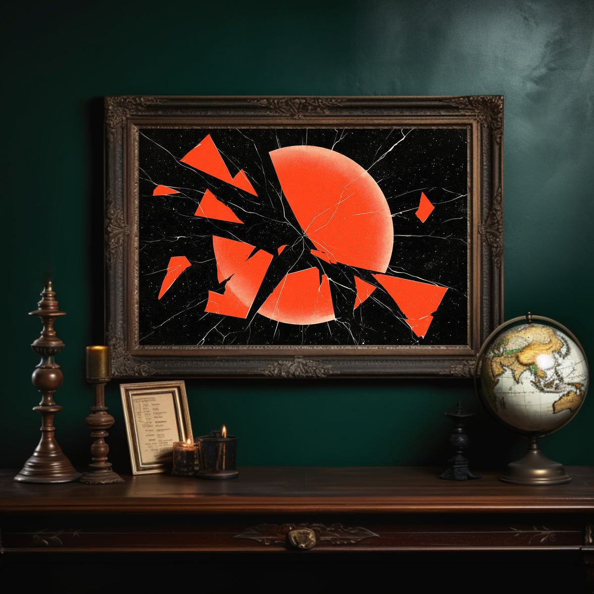 Everything Cracked, Nothing Dimmed, shattered red sun abstract on black, in an ornate dark frame on a deep green wall above a mantel with a globe and candles