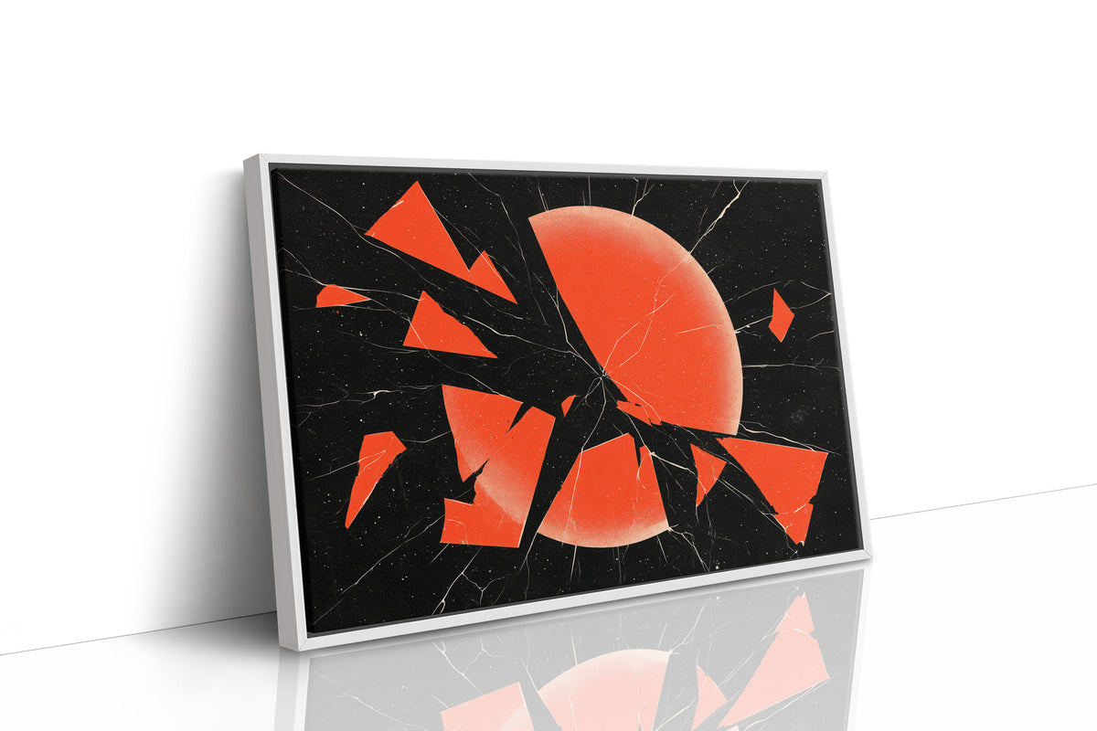 Everything Cracked, Nothing Dimmed, shattered red sun abstract on black, as a framed canvas in a white frame