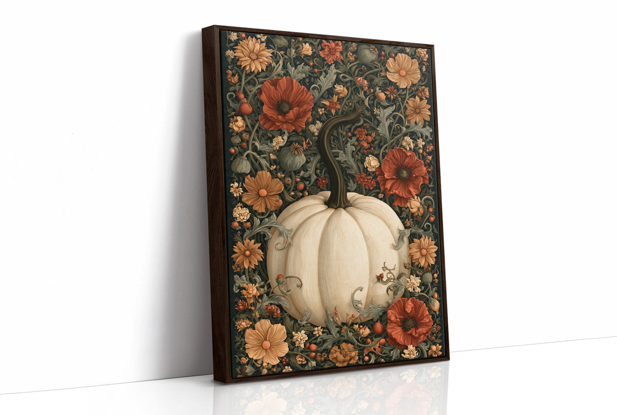 Finest Florals on a Round Gourd, a pale pumpkin wearing red poppies, peach blooms and curling vines against a dark green damask ground, painted in cream, oxblood and deep green, as a framed canvas in a brown frame