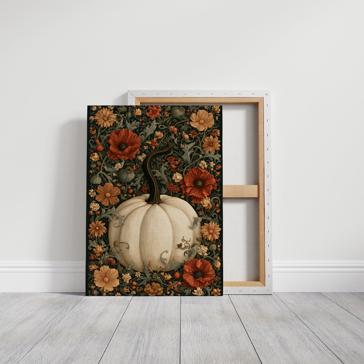 Finest Florals on a Round Gourd, a pale pumpkin wearing red poppies, peach blooms and curling vines against a dark green damask ground, painted in cream, oxblood and deep green, on a gallery canvas with wrapped edges leaning against a white wall