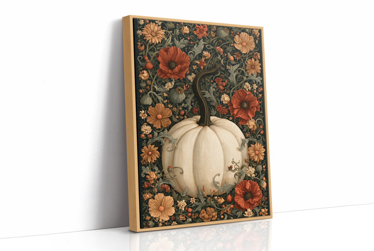 Finest Florals on a Round Gourd, a pale pumpkin wearing red poppies, peach blooms and curling vines against a dark green damask ground, painted in cream, oxblood and deep green, as a framed canvas in a natural wood frame