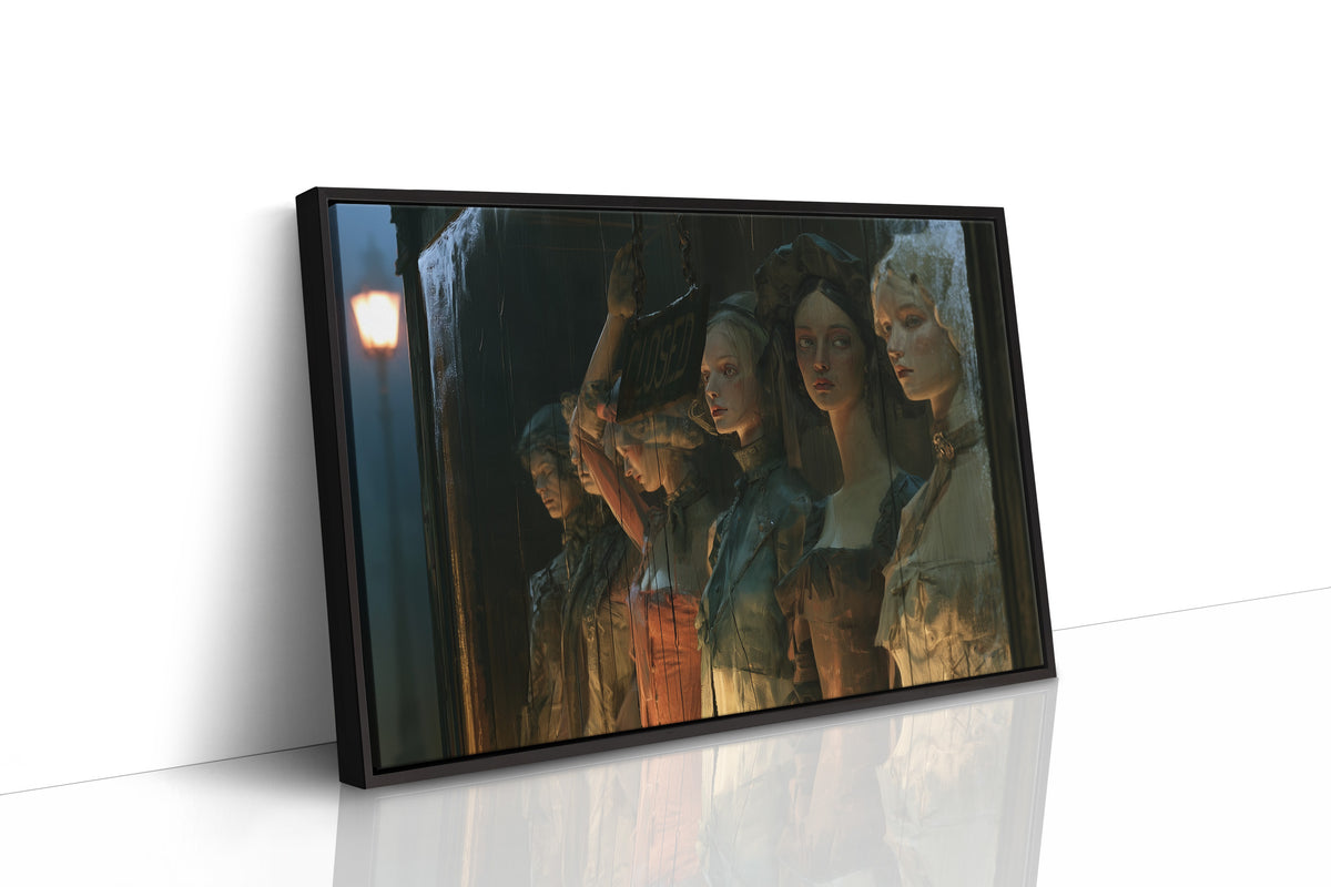 Five Faces Beneath the Sign, five women in period dress standing in a dim doorway beneath a hanging sign, lit by one warm lamp and painted in teal, umber and amber, as a framed canvas in a black frame