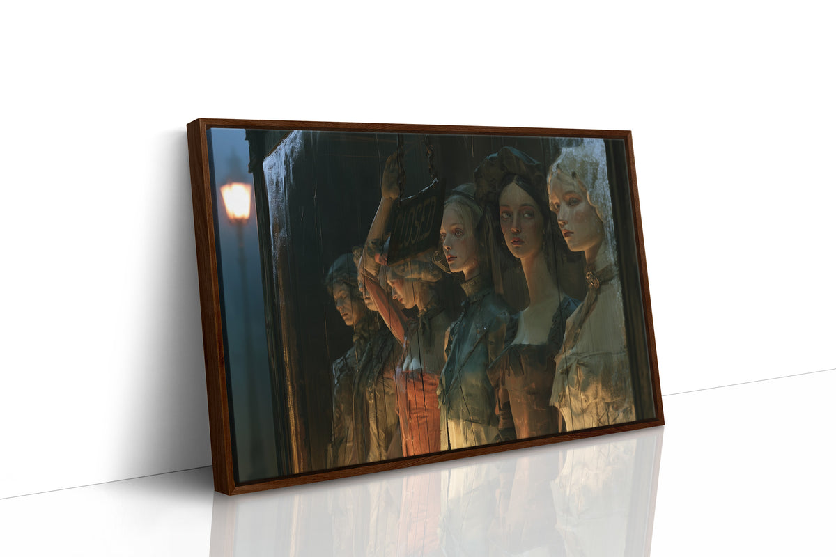 Five Faces Beneath the Sign, five women in period dress standing in a dim doorway beneath a hanging sign, lit by one warm lamp and painted in teal, umber and amber, as a framed canvas in a brown frame