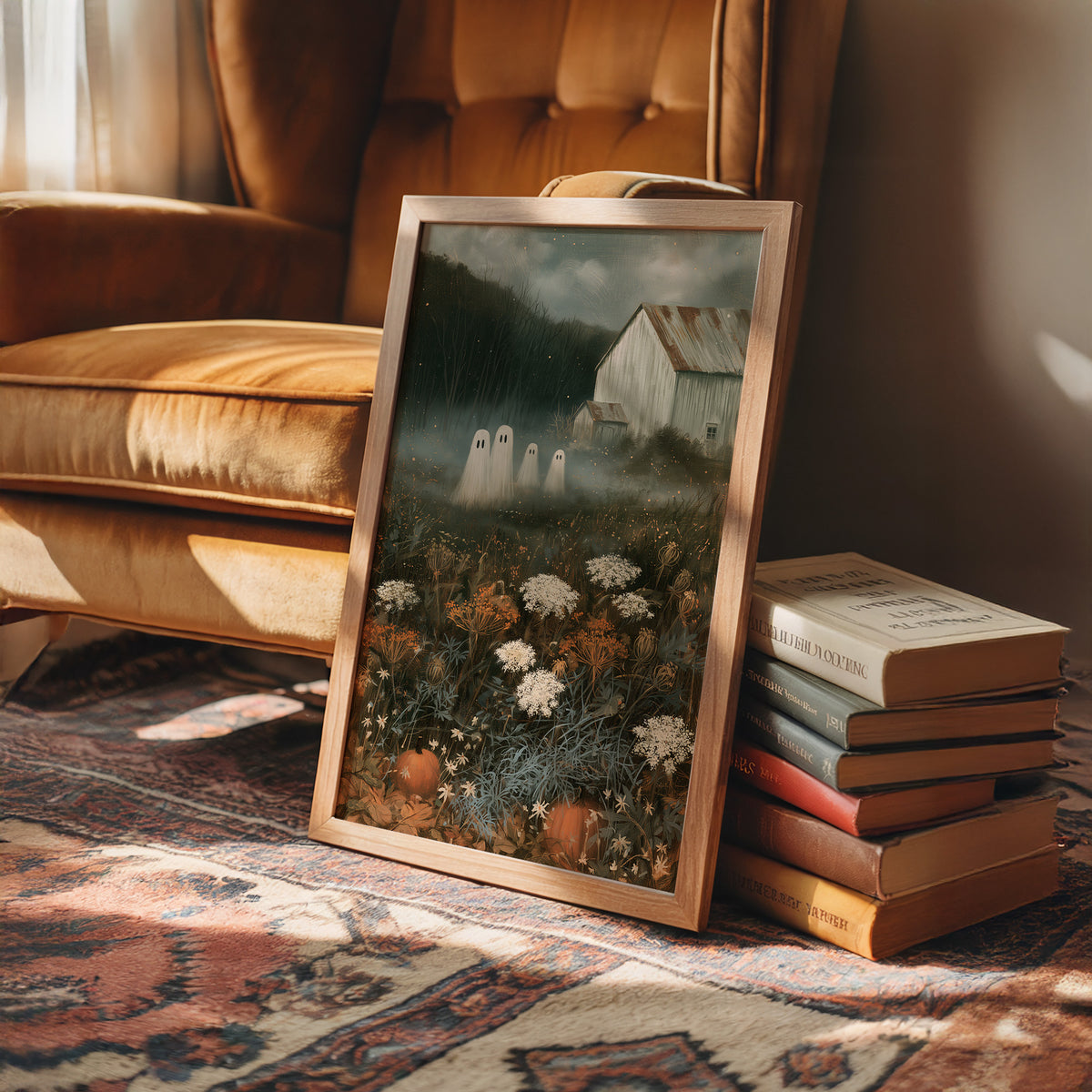 Fog Settles on the Low Field, a dark barn on a hill above a meadow of cream and rust wildflowers, a pale mist in the valley and two faint pale figures at the edge of the field, painted in forest green, rust and bone, in a wood frame on a leather armchair beside a stack of books