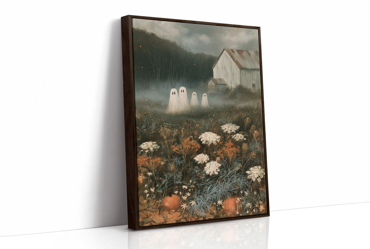 Fog Settles on the Low Field, a dark barn on a hill above a meadow of cream and rust wildflowers, a pale mist in the valley and two faint pale figures at the edge of the field, painted in forest green, rust and bone, as a framed canvas in a brown frame