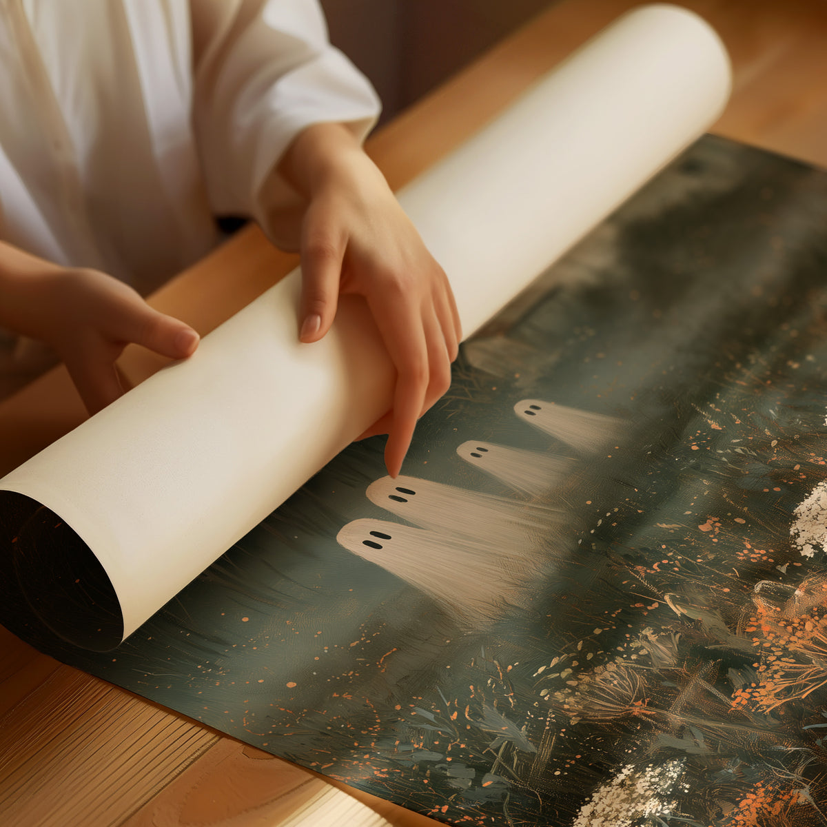 Fog Settles on the Low Field, a dark barn on a hill above a meadow of cream and rust wildflowers, a pale mist in the valley and two faint pale figures at the edge of the field, painted in forest green, rust and bone, as a matte poster, unframed