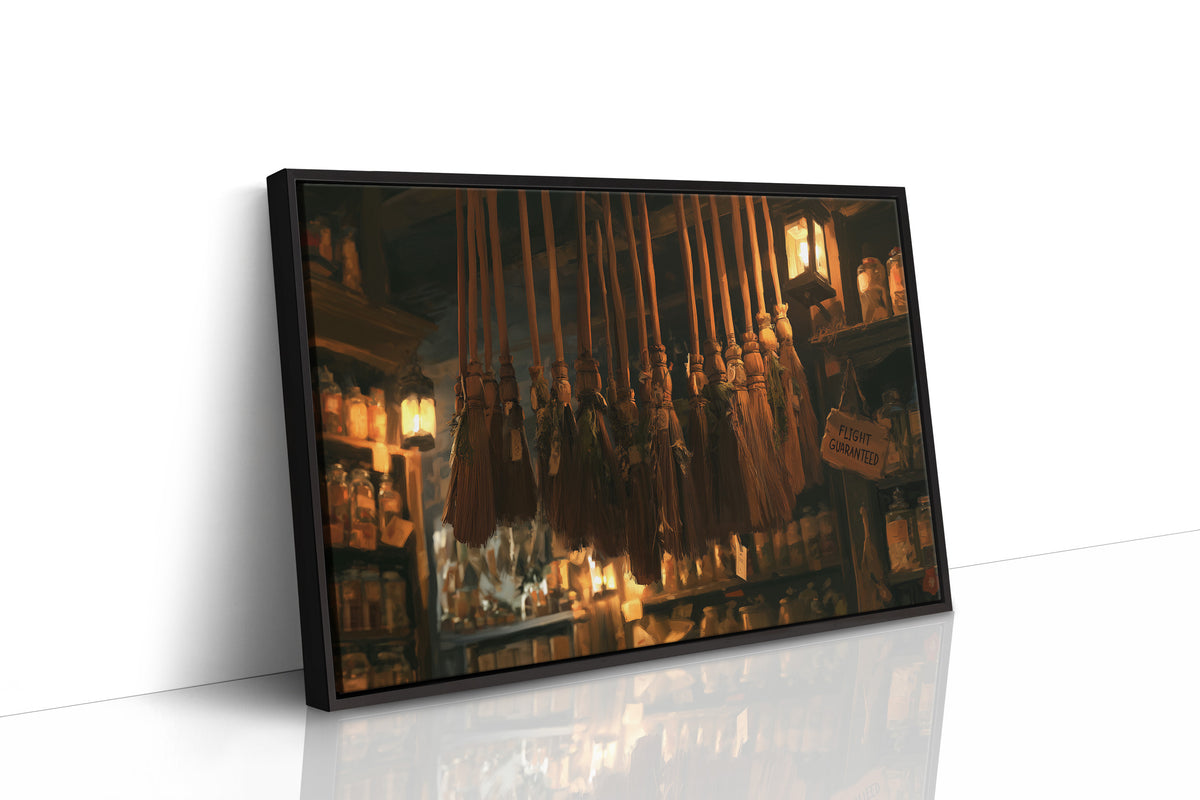 Fresh Stock for Tonight's Flyers, shop of hanging witch brooms with lanterns and jars on shelves painting, as a framed canvas in a black frame