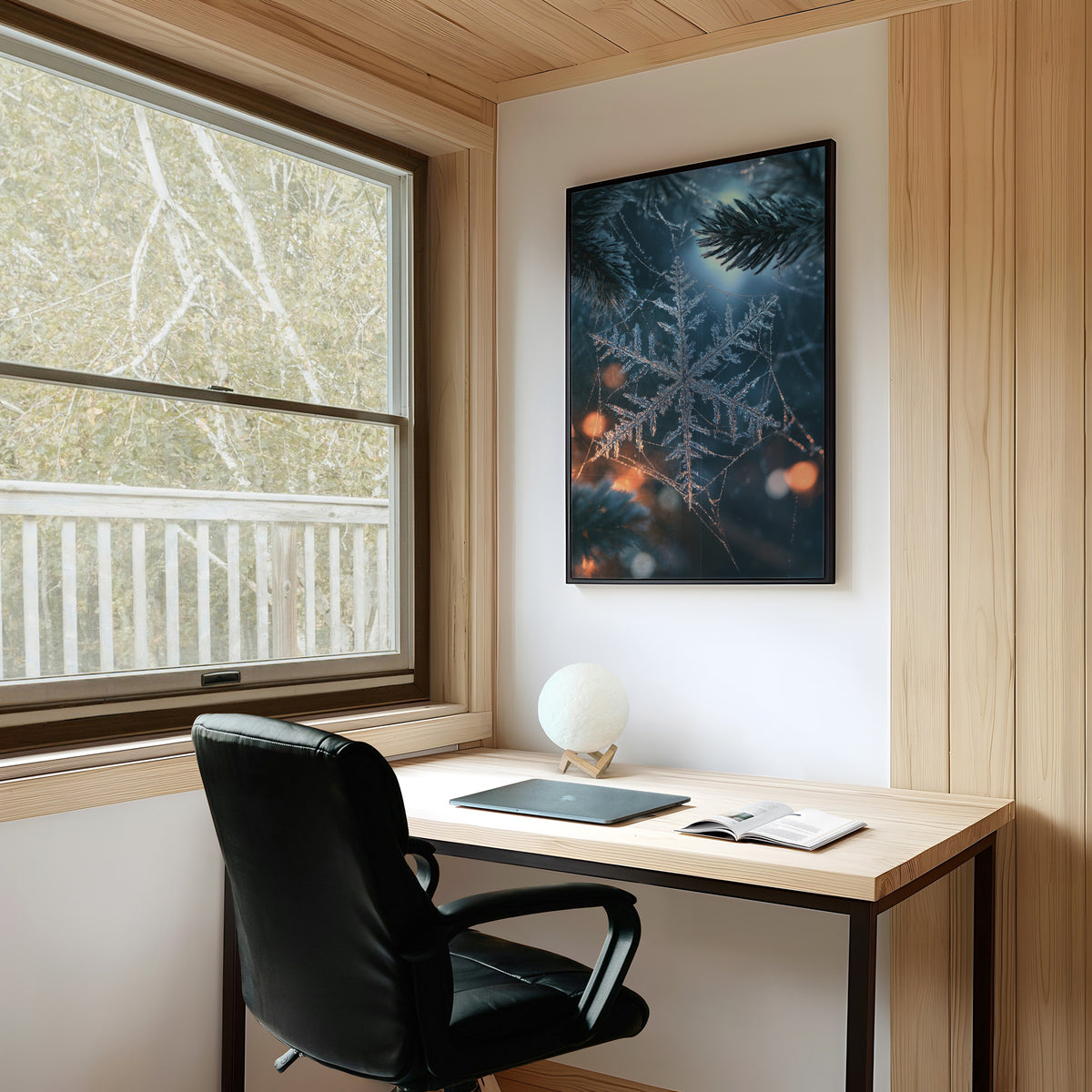 Frost Keeps Its Own Hours, a frost snowflake laid over a pine bough at night, with warm bokeh lights in navy, silver and amber, on a study wall above a writing desk and a black desk chair