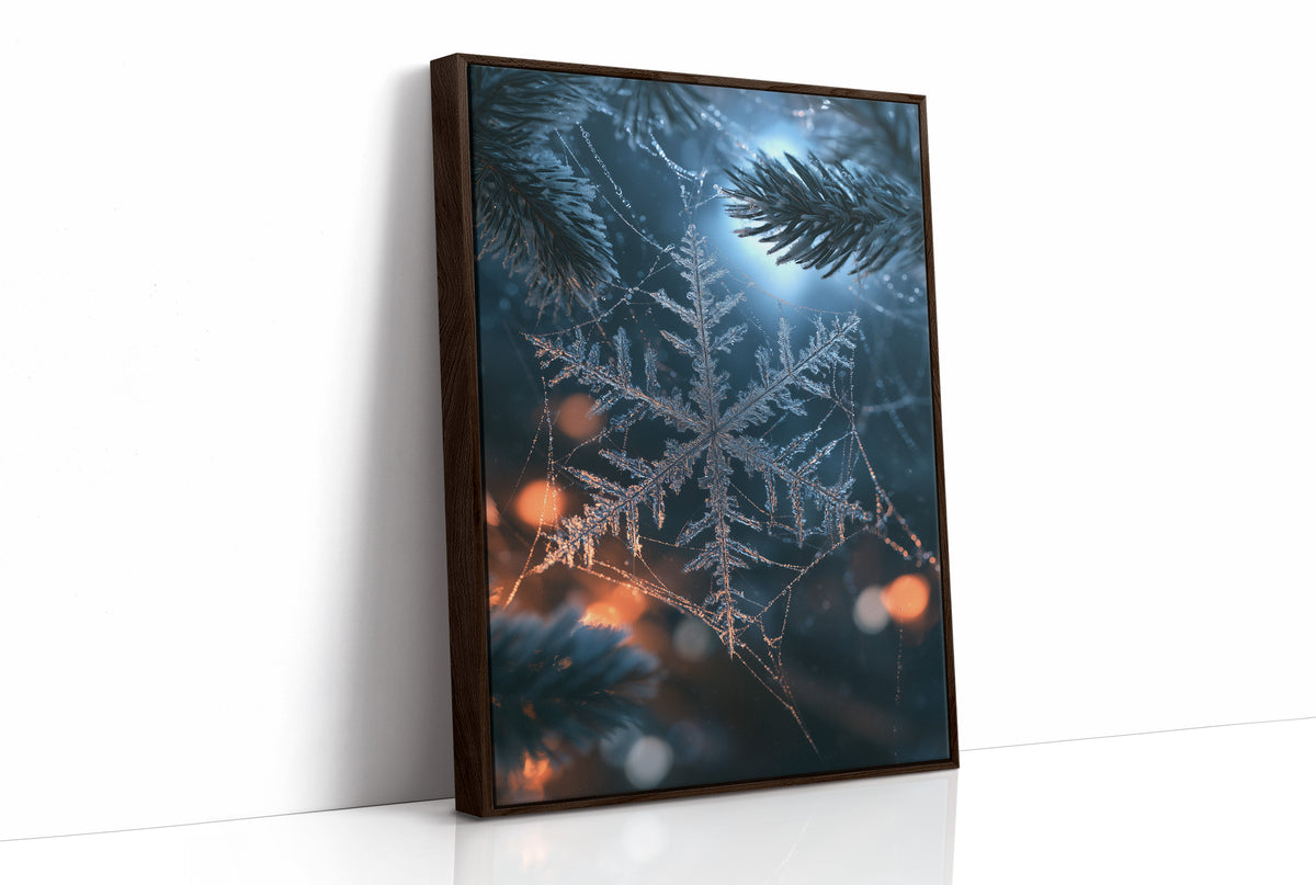 Frost Keeps Its Own Hours, a frost snowflake laid over a pine bough at night, with warm bokeh lights in navy, silver and amber, as a framed canvas in a brown frame