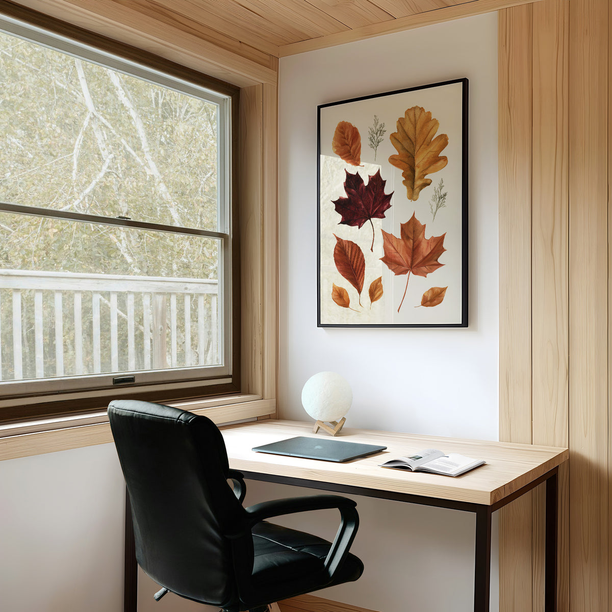 Gold Keeps Its Shape, a cluster of pressed autumn leaves in rust, maroon and gold on a cream ground, drawn in a botanical journal style, on a study wall above a writing desk and a black desk chair