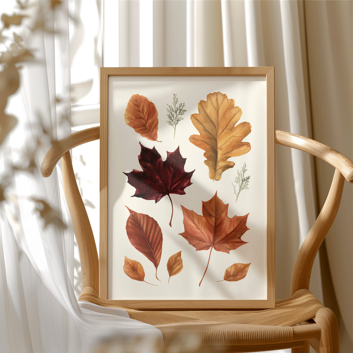 Gold Keeps Its Shape, a cluster of pressed autumn leaves in rust, maroon and gold on a cream ground, drawn in a botanical journal style, in a wood frame beside a wicker chair by a sunny window