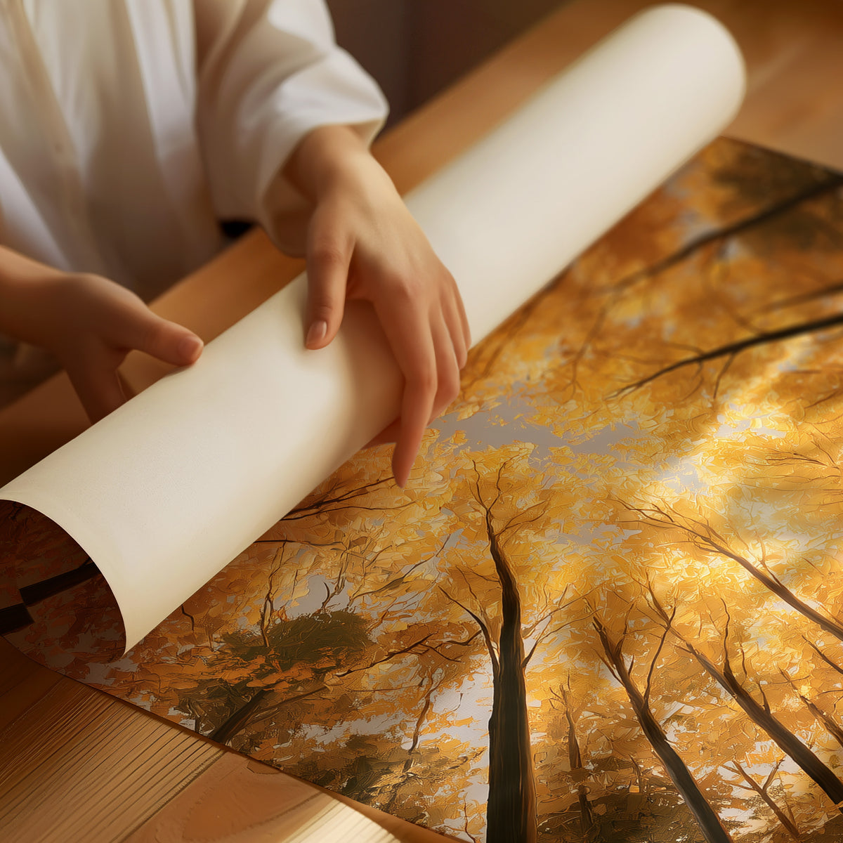 Gold Light Climbs the Tall Trees, a view straight up through tall forest trunks to a canopy lit gold from within, with shafts of warm light falling through the leaves, in amber, deep gold and forest brown, as a matte poster, unframed