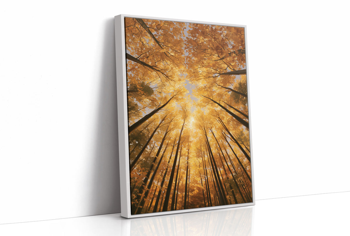 Gold Light Climbs the Tall Trees, a view straight up through tall forest trunks to a canopy lit gold from within, with shafts of warm light falling through the leaves, in amber, deep gold and forest brown, as a framed canvas in a white frame