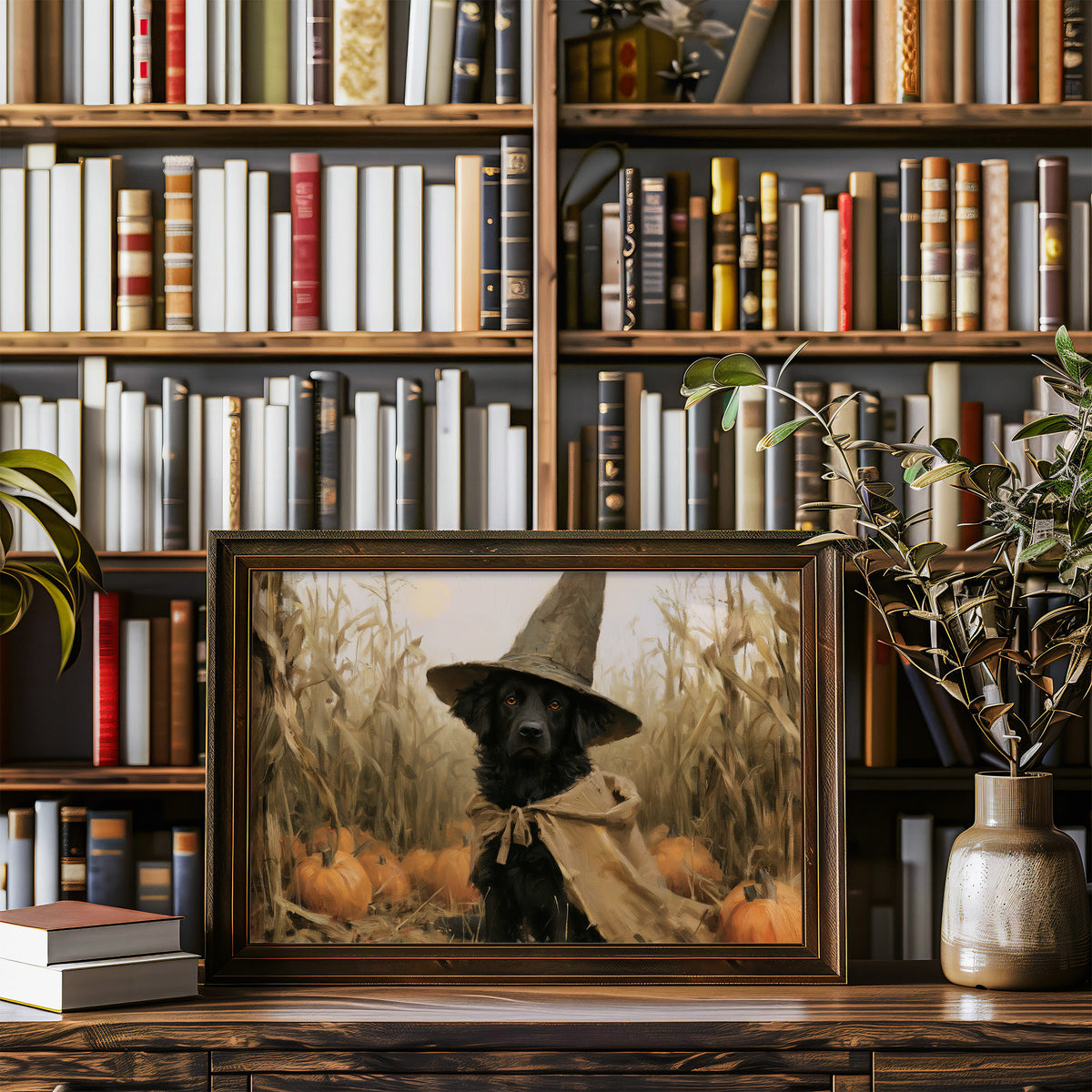 Good Boy, Bad Spell, black dog in a witch hat in a pumpkin patch painting, in a wood frame on a bookshelf wall beside a vase of olive branches