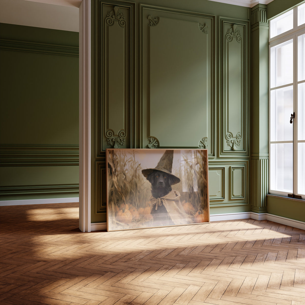Good Boy, Bad Spell, black dog in a witch hat in a pumpkin patch painting, leaning on a herringbone floor in a green paneled room with tall windows