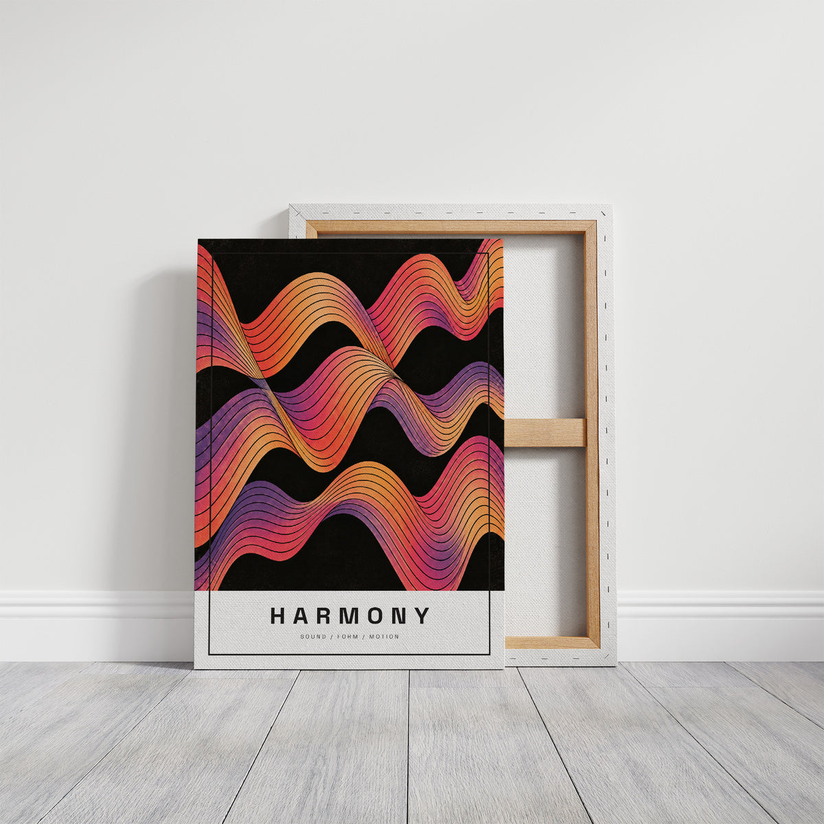 Harmony in Ember and Plum, rolling wavy bands of orange, magenta, violet and gold in fine contour lines on a deep black ground, with the word HARMONY in spaced black capitals on a cream label at the base, on a gallery canvas with wrapped edges leaning against a white wall