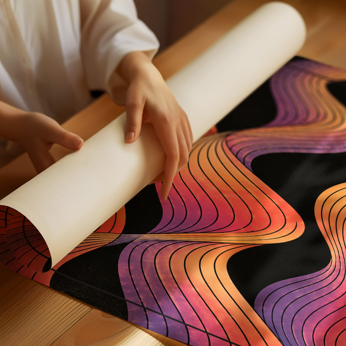 Harmony in Ember and Plum, rolling wavy bands of orange, magenta, violet and gold in fine contour lines on a deep black ground, with the word HARMONY in spaced black capitals on a cream label at the base, as a matte poster, unframed