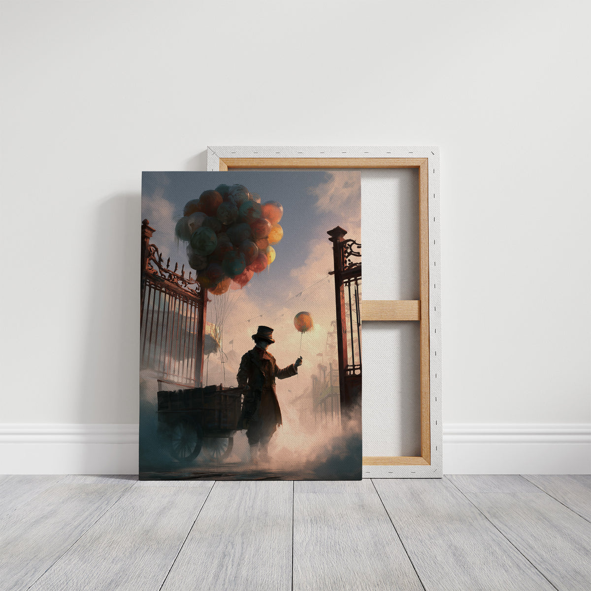 He Keeps the Evening Company, gentleman in a bowler hat holding a glowing orange orb beside a misty iron gate painting, on a gallery canvas with wrapped edges leaning against a white wall