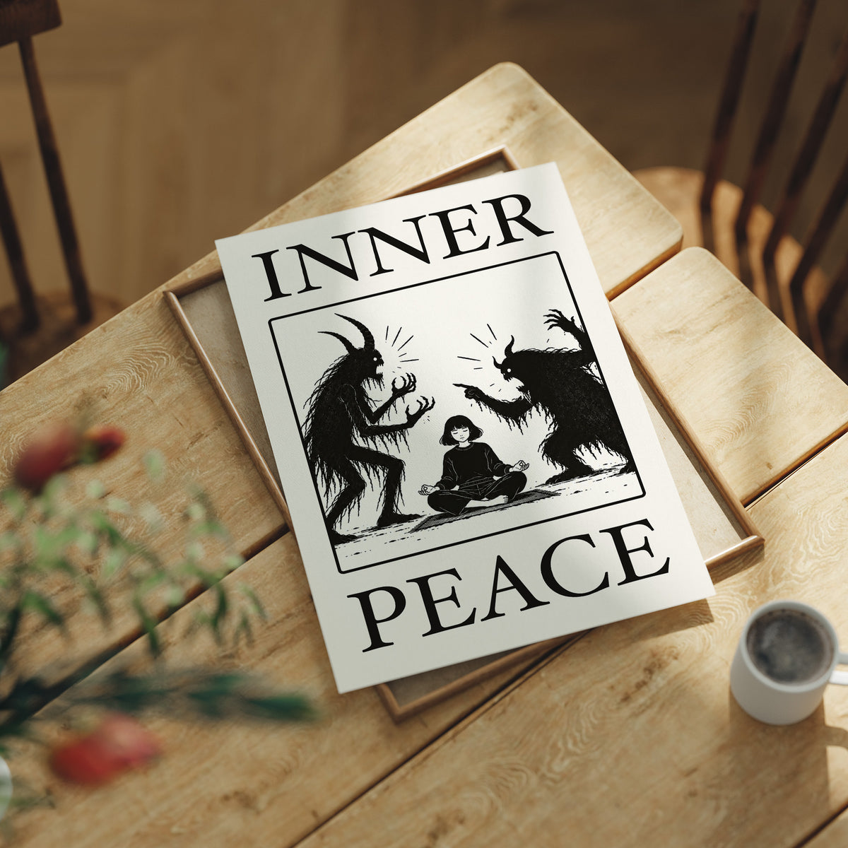 Inner Peace Has Company, two horned shadow figures in black flanking a small seated figure meditating at the base, cream ground in a black serif frame, with INNER above and PEACE below, lying flat on a light wood table beside a coffee cup and red berries