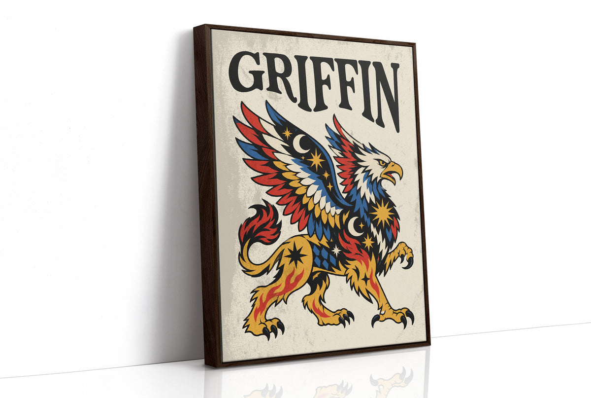 Keeper of the Gilded Gate, a winged lion guardian with a golden body, red and blue feathers and a black lettered name across the top, in a bold flash sheet style on cream parchment, as a framed canvas in a brown frame