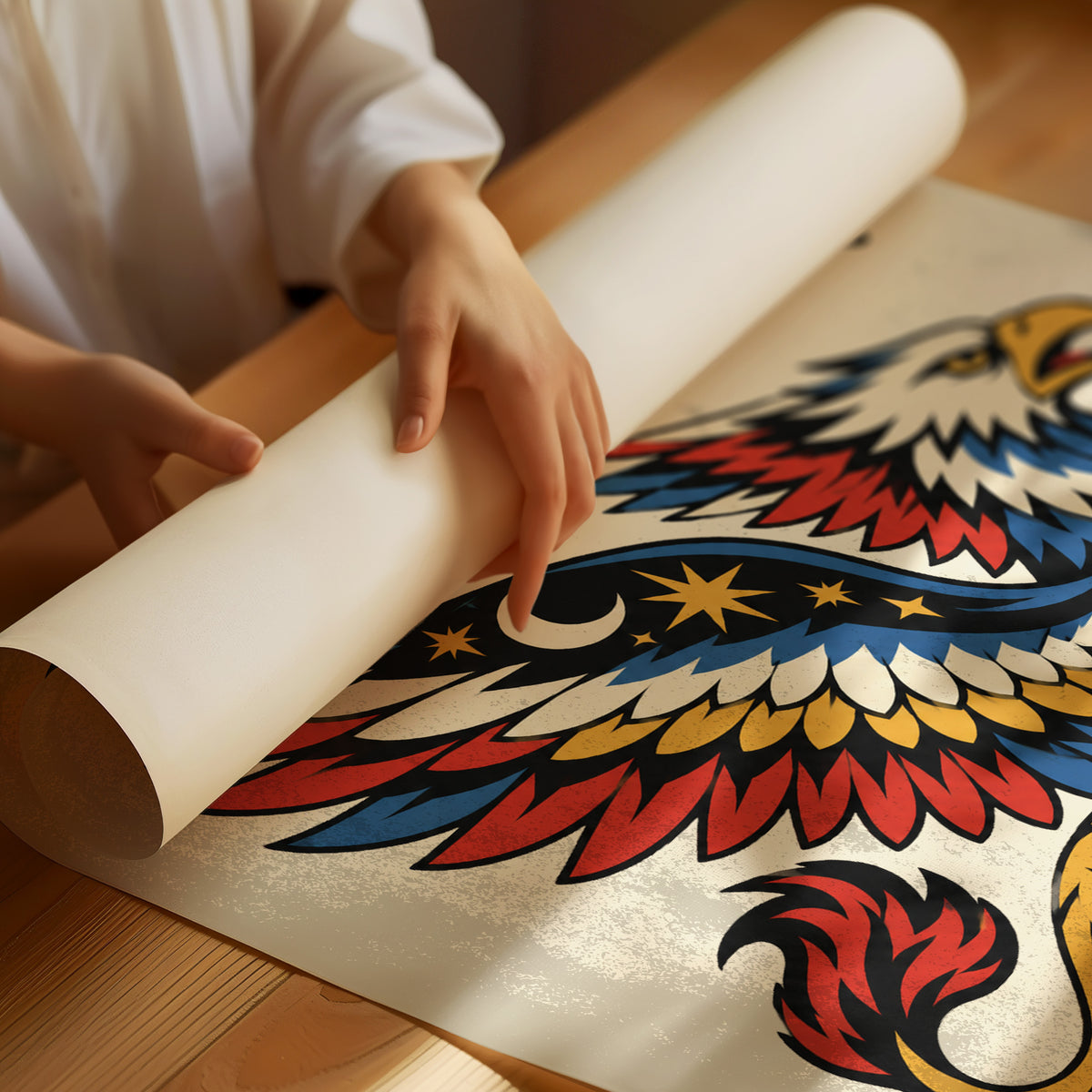 Keeper of the Gilded Gate, a winged lion guardian with a golden body, red and blue feathers and a black lettered name across the top, in a bold flash sheet style on cream parchment, as a matte poster, unframed