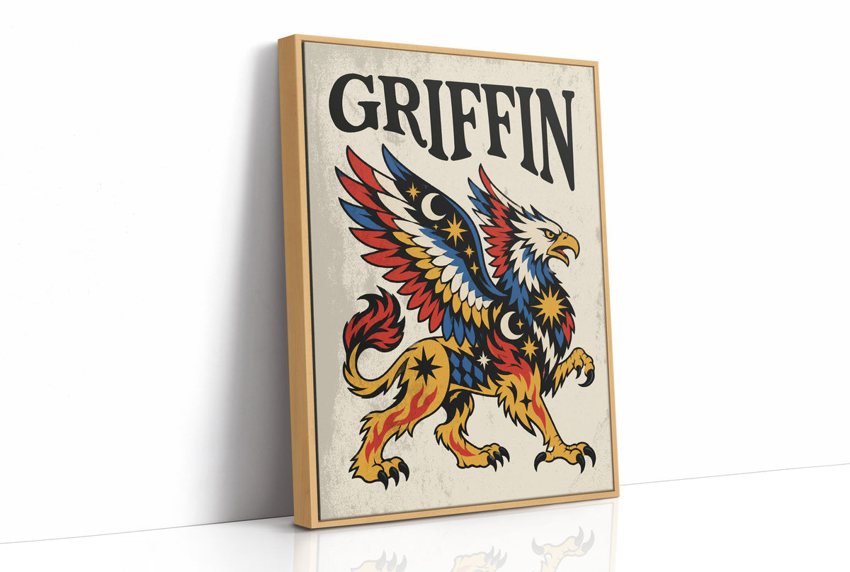Keeper of the Gilded Gate, a winged lion guardian with a golden body, red and blue feathers and a black lettered name across the top, in a bold flash sheet style on cream parchment, as a framed canvas in a natural wood frame