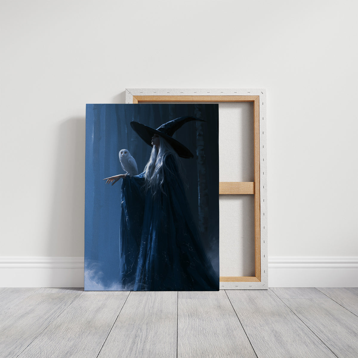 Keeper of the Velvet Hour, a figure in a dark blue gown beneath a black winged headpiece, a pale hand lifted in the dusk, on a gallery canvas with wrapped edges leaning against a white wall