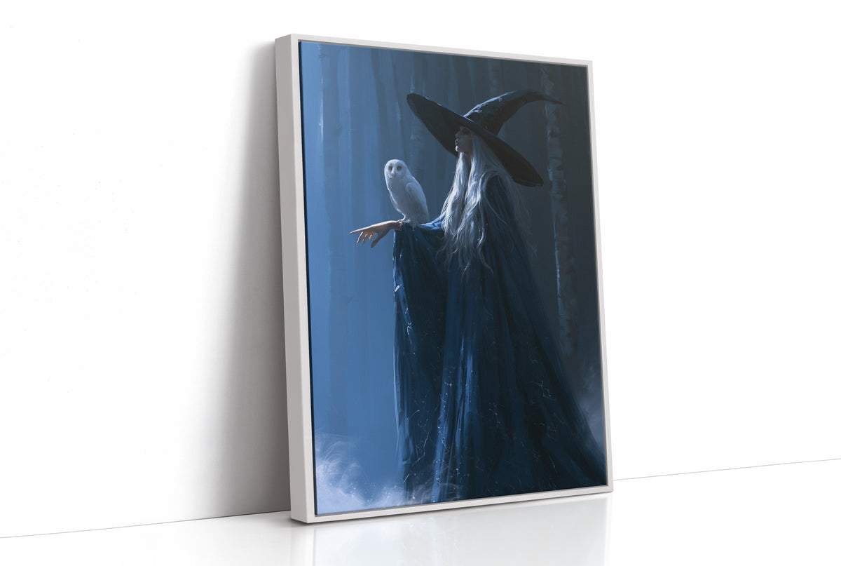 Keeper of the Velvet Hour, a figure in a dark blue gown beneath a black winged headpiece, a pale hand lifted in the dusk, as a framed canvas in a white frame