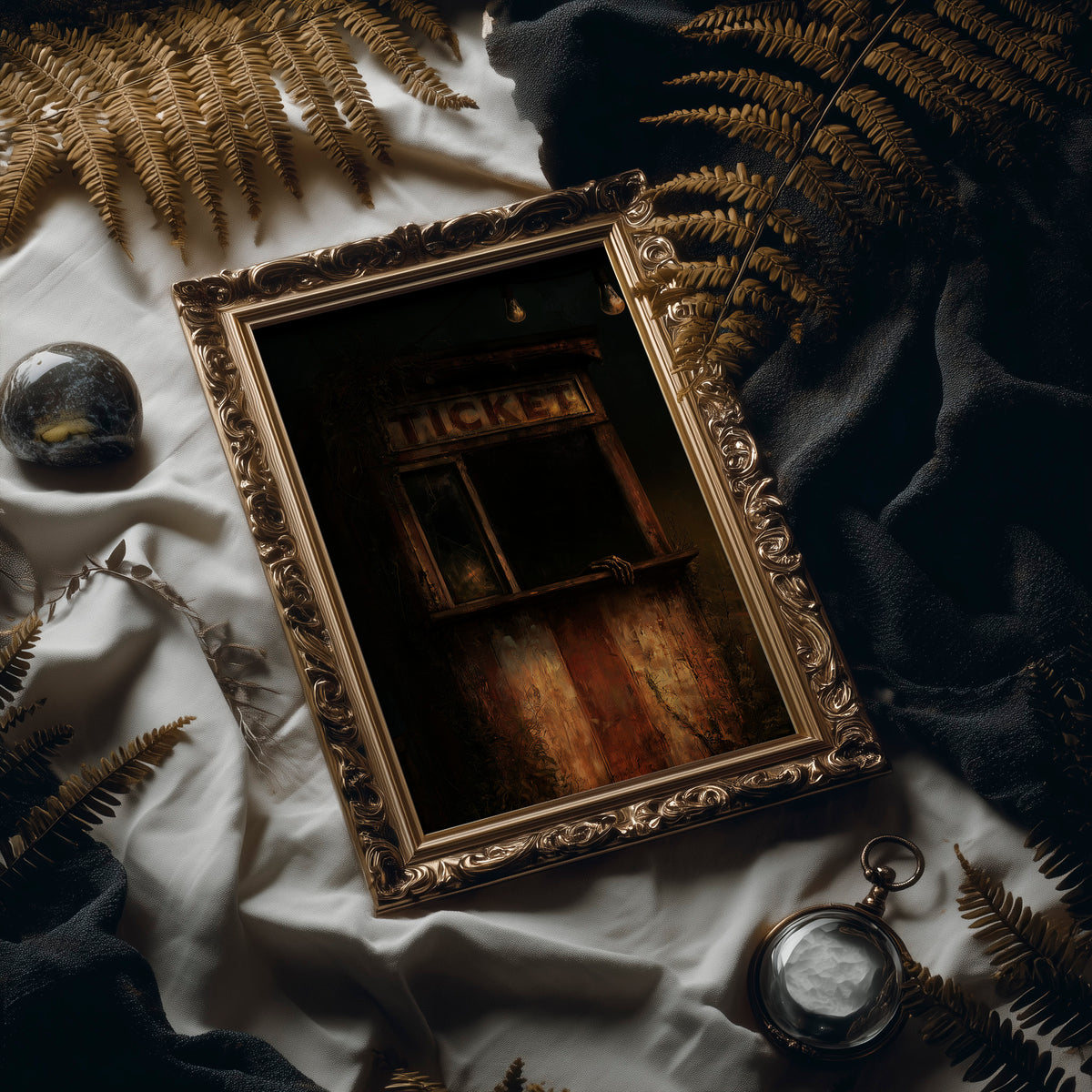 Last Tickets Before the Curtain, an old theater booth lit by hanging bulbs with a glowing sign above the window, painted in umber, dim amber and deep shadow, in an antique gold frame laid on white linen with ferns and a pocket watch