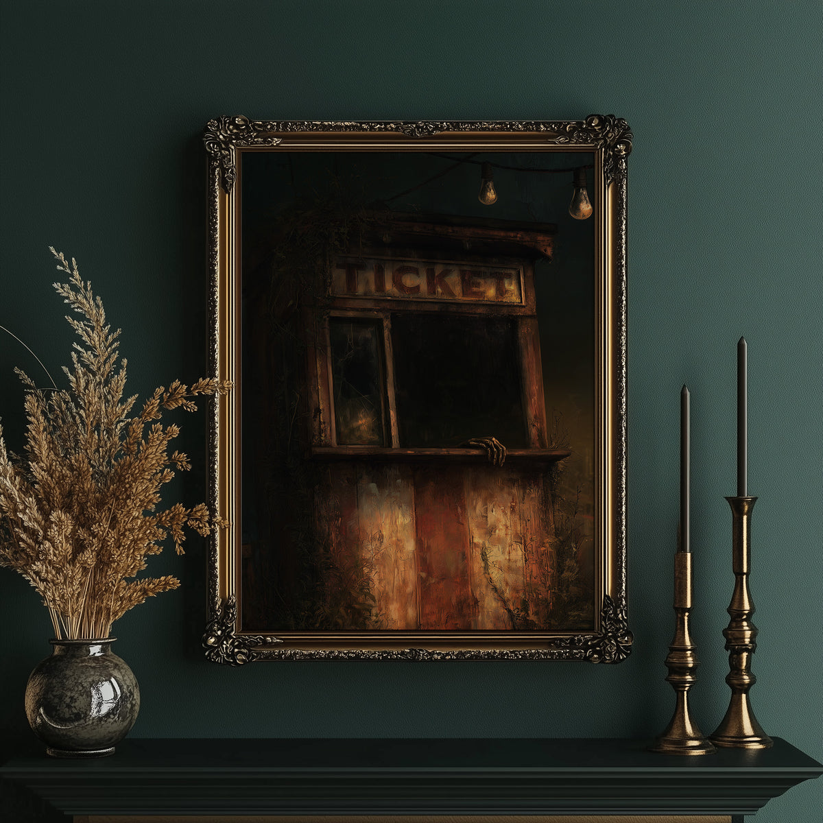 Last Tickets Before the Curtain, an old theater booth lit by hanging bulbs with a glowing sign above the window, painted in umber, dim amber and deep shadow, in an ornate gold frame on a deep green wall beside brass candlesticks