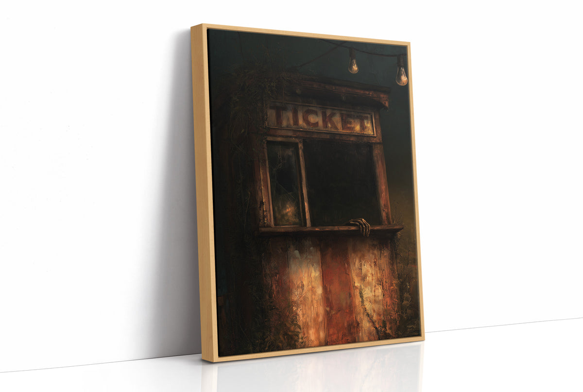 Last Tickets Before the Curtain, an old theater booth lit by hanging bulbs with a glowing sign above the window, painted in umber, dim amber and deep shadow, as a framed canvas in a natural wood frame
