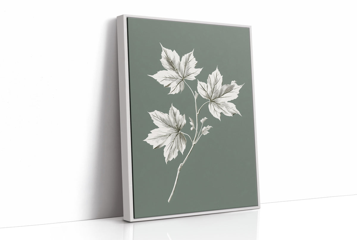 Leaves Kept Pale Against Sage, a sprig of pale maple leaves drawn in bone and white lines on a muted sage green ground, a pressed botanical study with soft, careful shading, as a framed canvas in a white frame