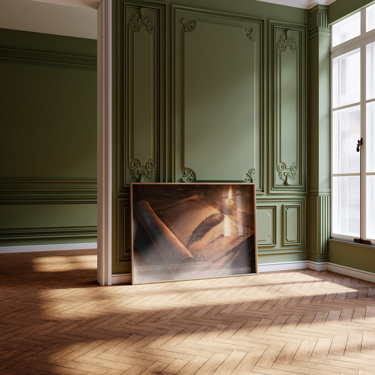 Letters Kept by Candlelight, an old parchment scroll and a feather quill beside a lit candle on a wooden desk, painted in amber, sepia and deep umber, leaning on a herringbone floor in a green paneled room with tall windows