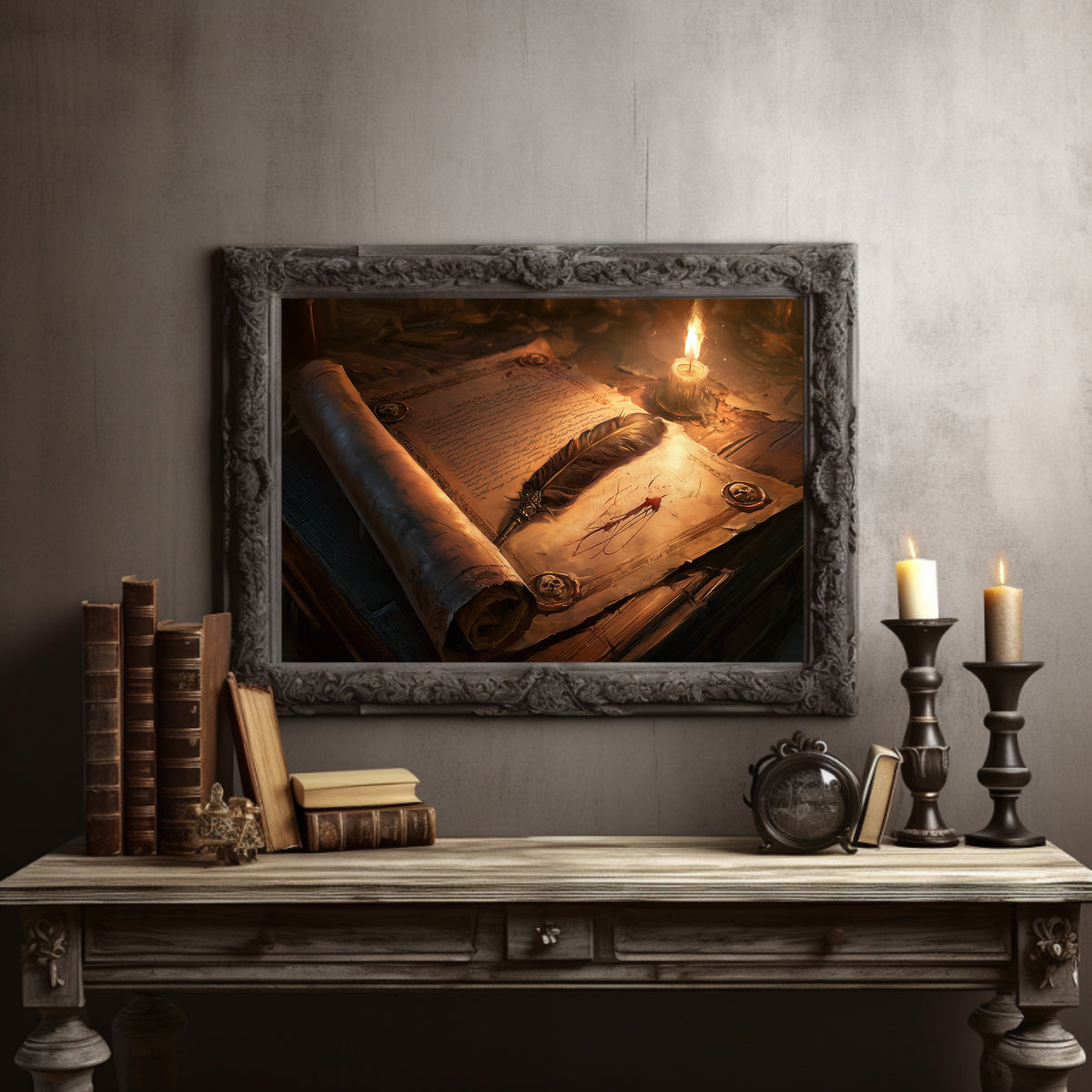 Letters Kept by Candlelight, an old parchment scroll and a feather quill beside a lit candle on a wooden desk, painted in amber, sepia and deep umber, in a dark carved frame on a gray wall above a console table with candlesticks and old books