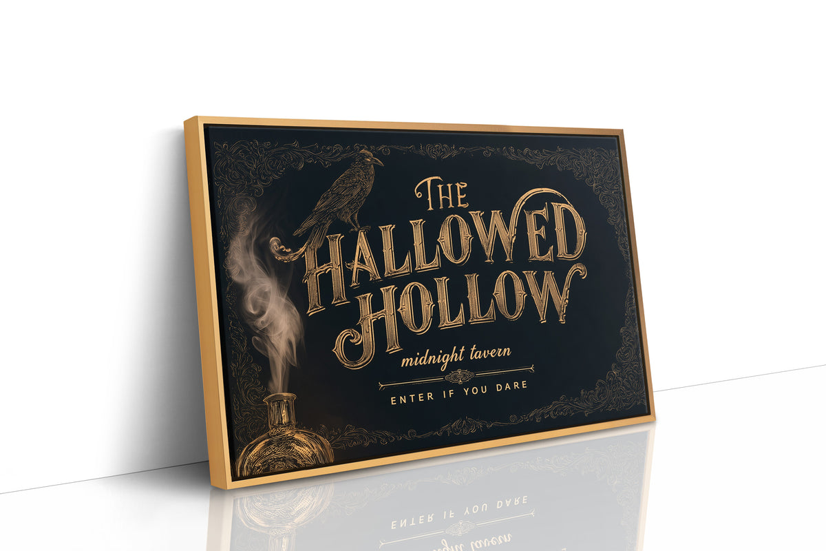 Midnight Tavern, Enter If You Dare, a raven perched on a lantern above gold lettering on a midnight navy sign, painted in navy, cream and antique gold, as a framed canvas in a natural wood frame