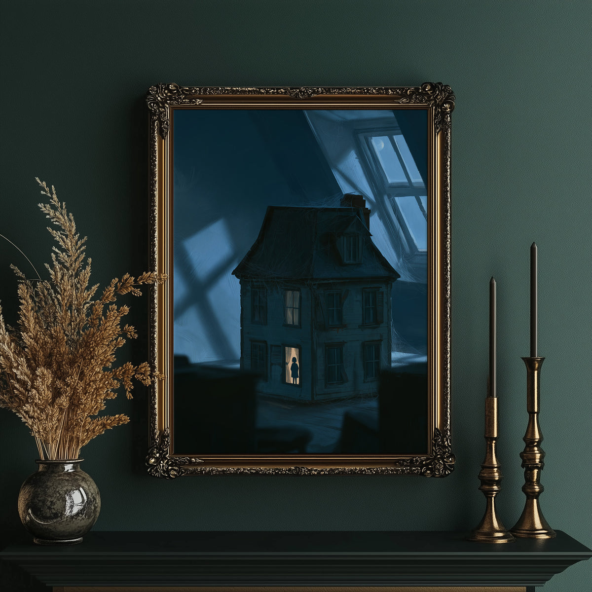 Moonlit Windows of the Old Manor, a Victorian house with lit windows under a blue moonlit night, painted in midnight blue, slate and a single warm window glow, in an ornate gold frame on a deep green wall beside brass candlesticks