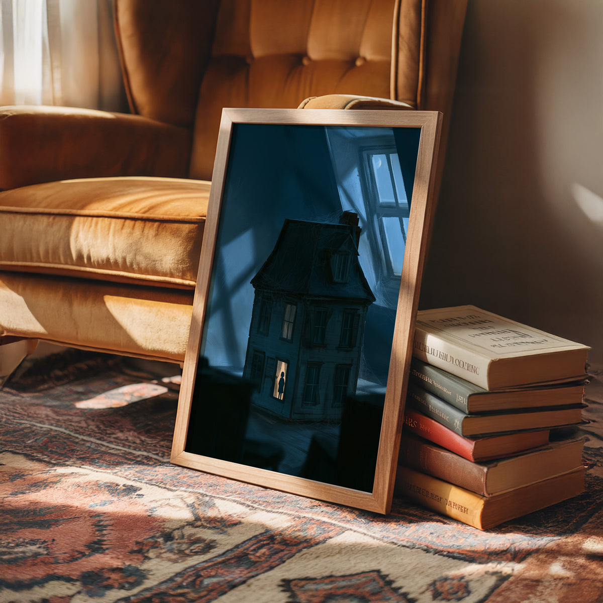 Moonlit Windows of the Old Manor, a Victorian house with lit windows under a blue moonlit night, painted in midnight blue, slate and a single warm window glow, in a wood frame beside a leather armchair and a stack of books
