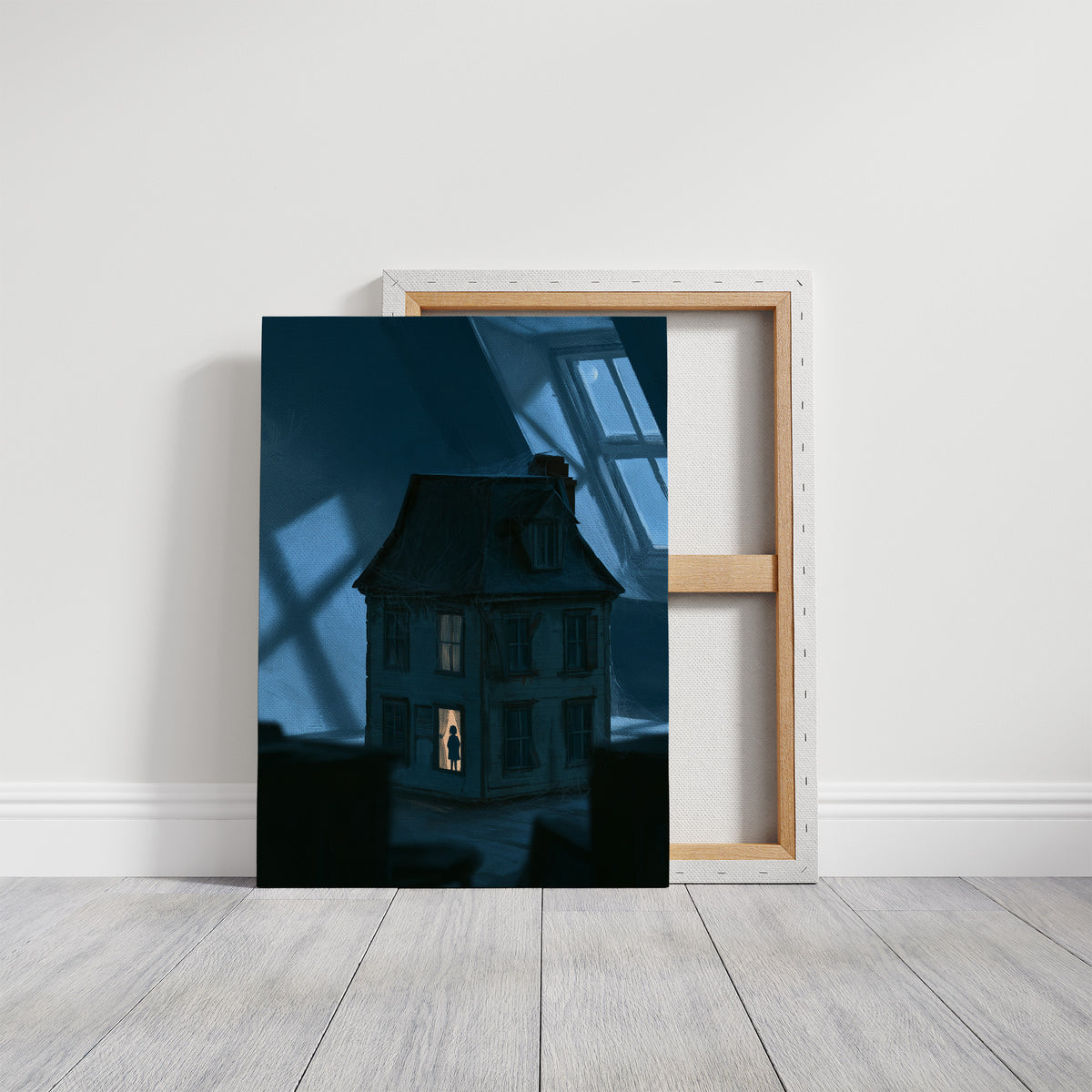 Moonlit Windows of the Old Manor, a Victorian house with lit windows under a blue moonlit night, painted in midnight blue, slate and a single warm window glow, on a gallery canvas with wrapped edges leaning against a white wall