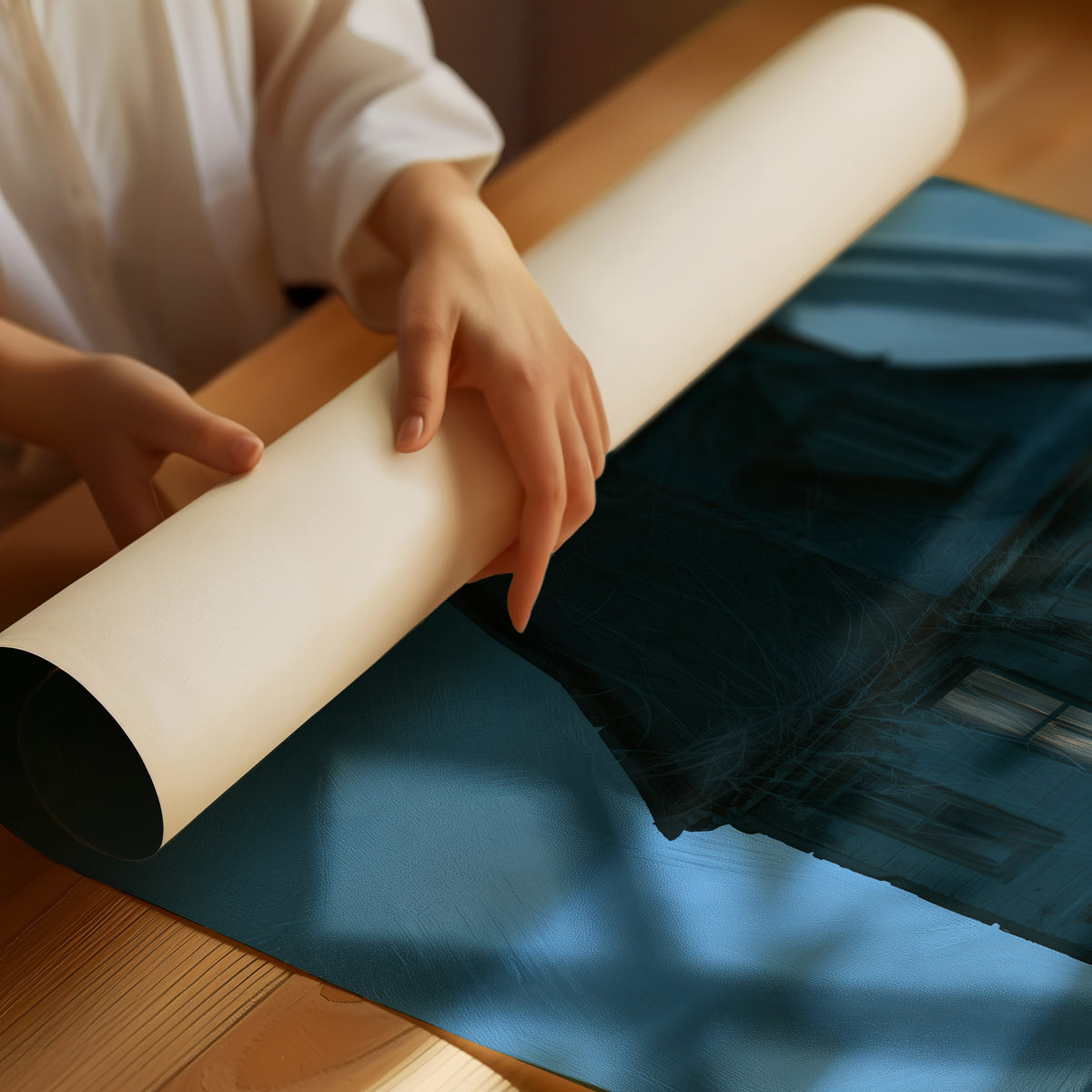 Moonlit Windows of the Old Manor, a Victorian house with lit windows under a blue moonlit night, painted in midnight blue, slate and a single warm window glow, as a matte poster, unframed