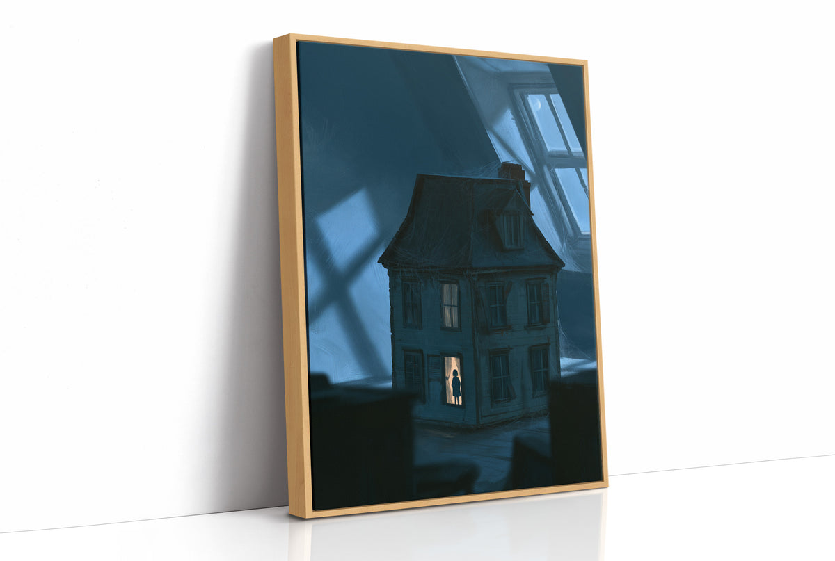 Moonlit Windows of the Old Manor, a Victorian house with lit windows under a blue moonlit night, painted in midnight blue, slate and a single warm window glow, as a framed canvas in a natural wood frame