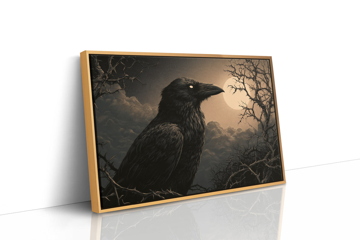 Moonrise Over the Bare Branches, a black raven perched on dark limbs beneath a pale moon in a low sepia fog, painted in charcoal, umber and moonlit gold, as a framed canvas in a natural wood frame