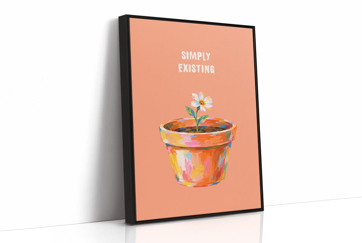 One Small Bloom in Clay, a single white flower rising from a painted clay pot in coral, gold and pink brushstrokes, on a peach ground with two lines of bold pale lettering above, in a loose painterly style, as a framed canvas in a black frame