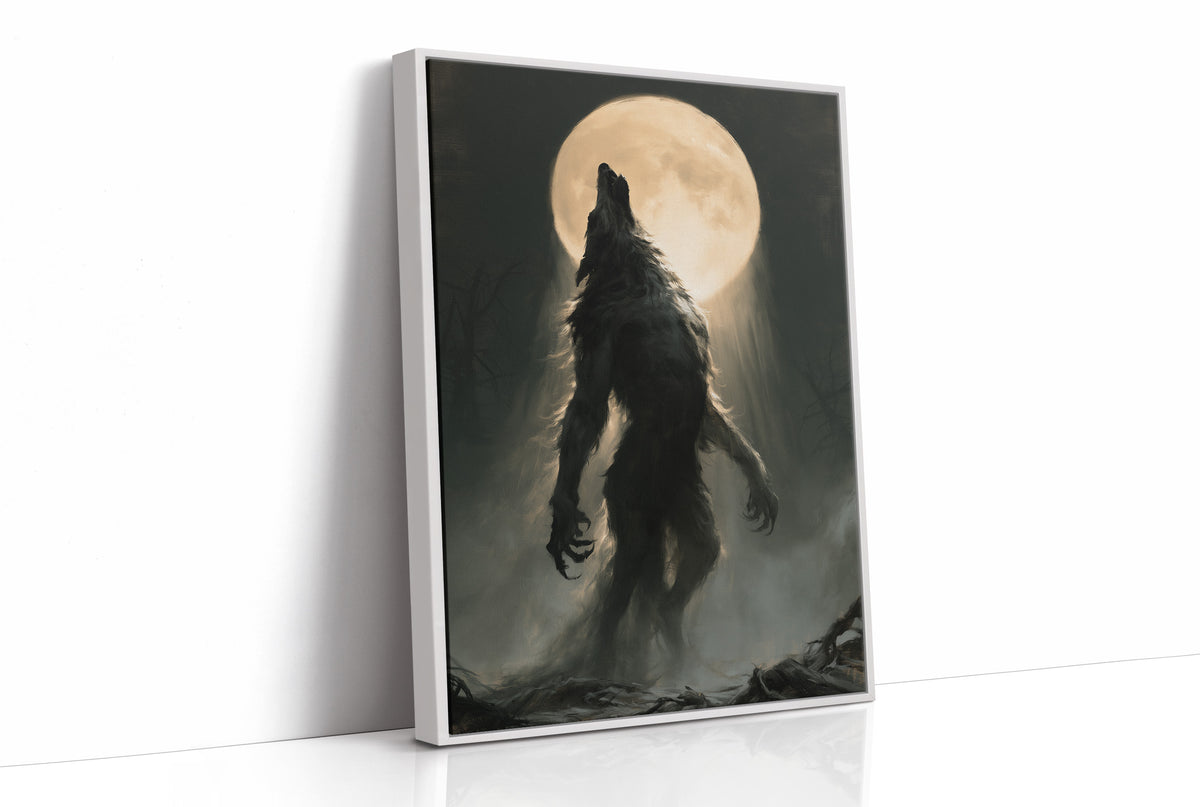 Patience Under a Pale Moon, a hunched werewolf standing in mist with its head raised toward a glowing full moon, painted in charcoal, olive and bone, as a framed canvas in a white frame