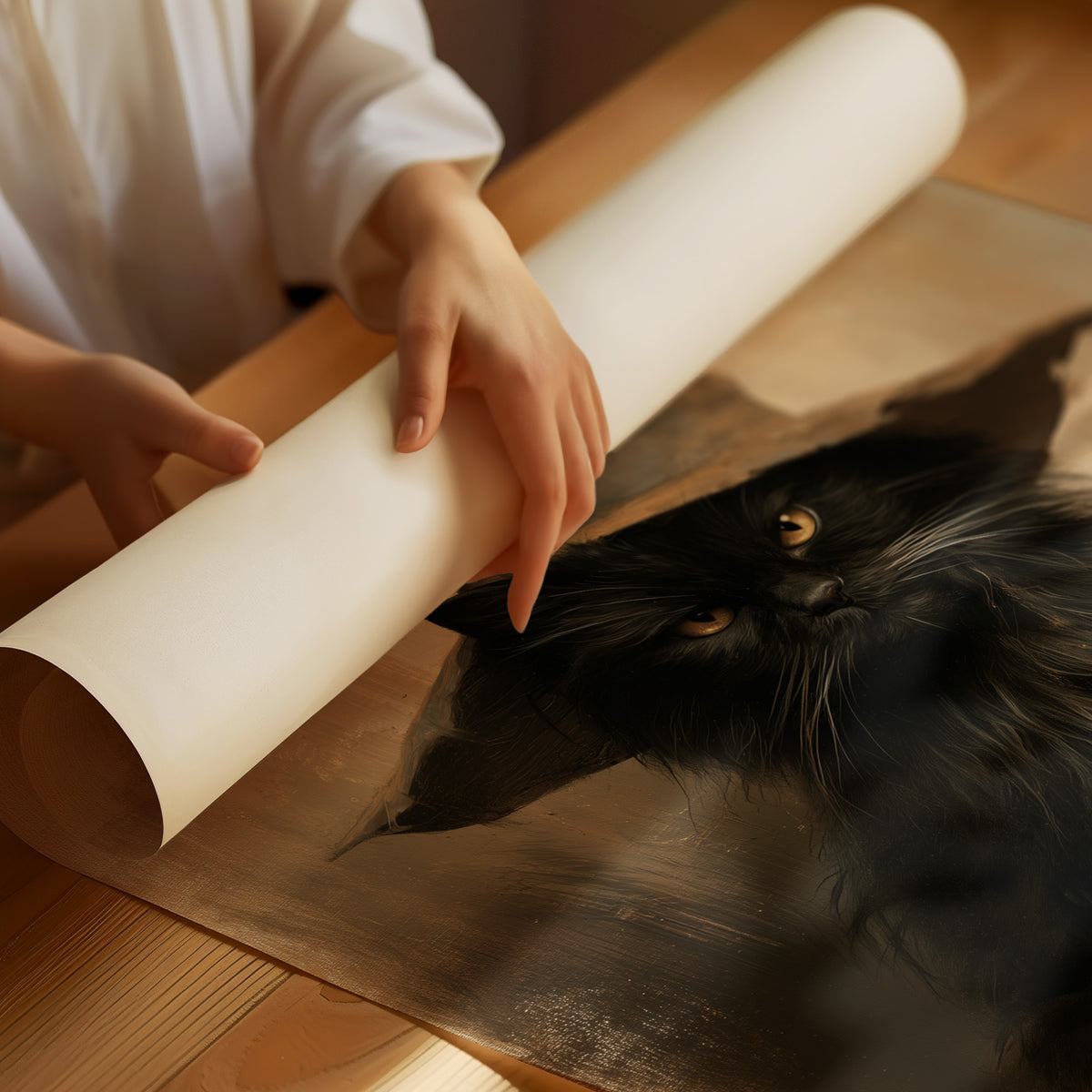 Patience Under a Pointed Crown, a black cat sitting in a pointed witch hat, painted in a sepia portrait style with a warm amber background, as a matte poster, unframed