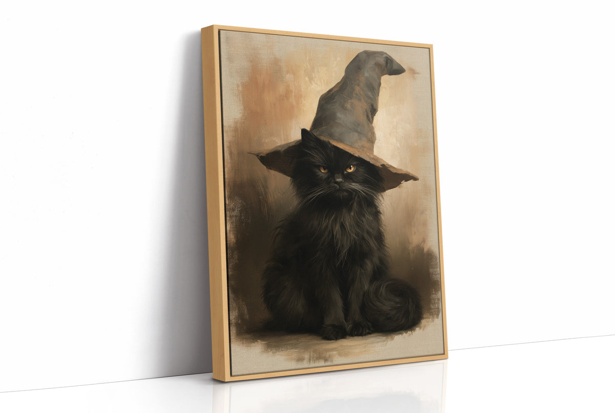 Patience Under a Pointed Crown, a black cat sitting in a pointed witch hat, painted in a sepia portrait style with a warm amber background, as a framed canvas in a natural wood frame