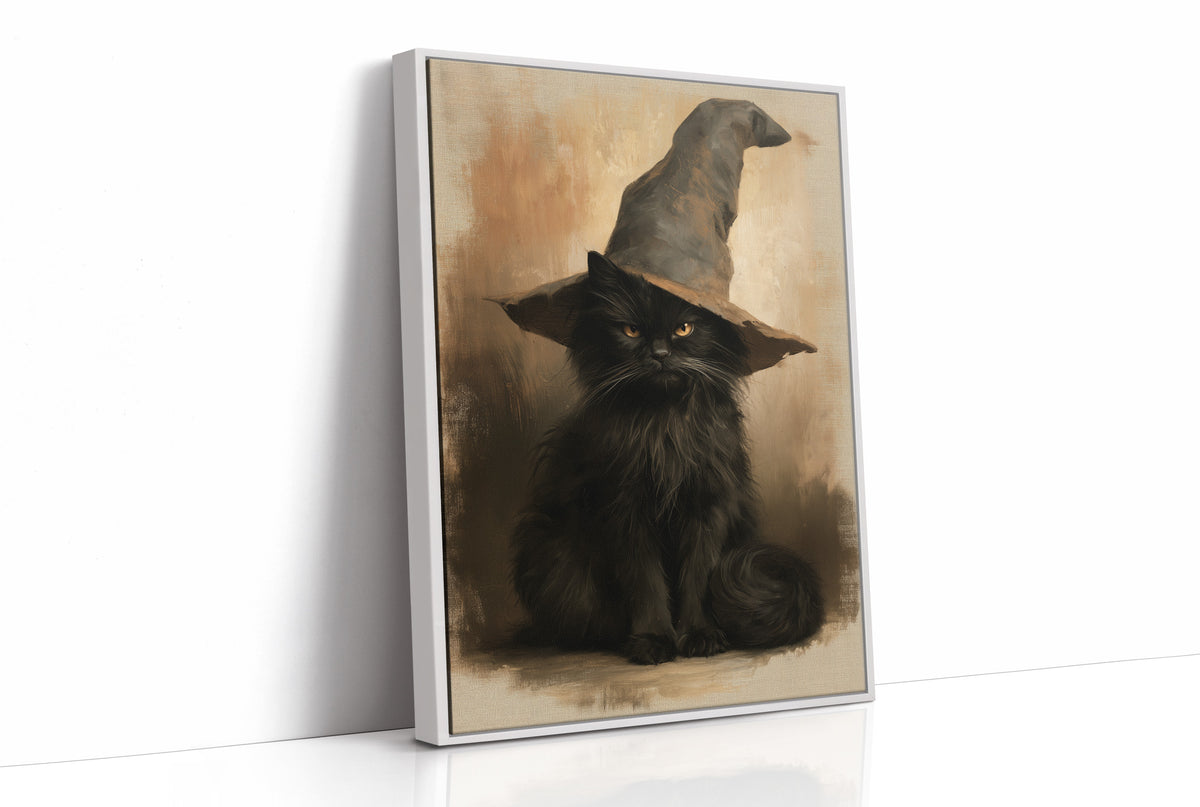 Patience Under a Pointed Crown, a black cat sitting in a pointed witch hat, painted in a sepia portrait style with a warm amber background, as a framed canvas in a white frame